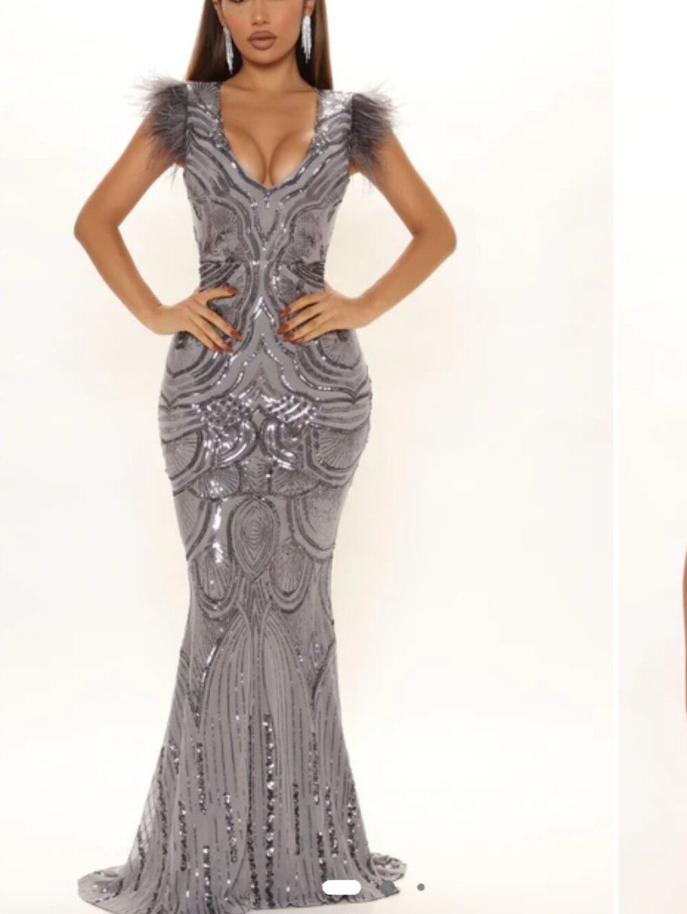 Silver Sequin Feather-Trim V-Neck Maxi Dress
